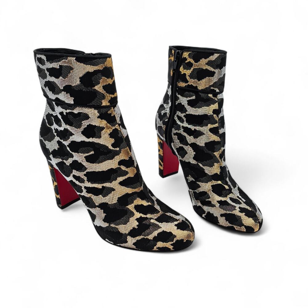 Christian Louboutin Moulamax Ankle Boot Black Gold Lurex Leopard Size 38 US 8